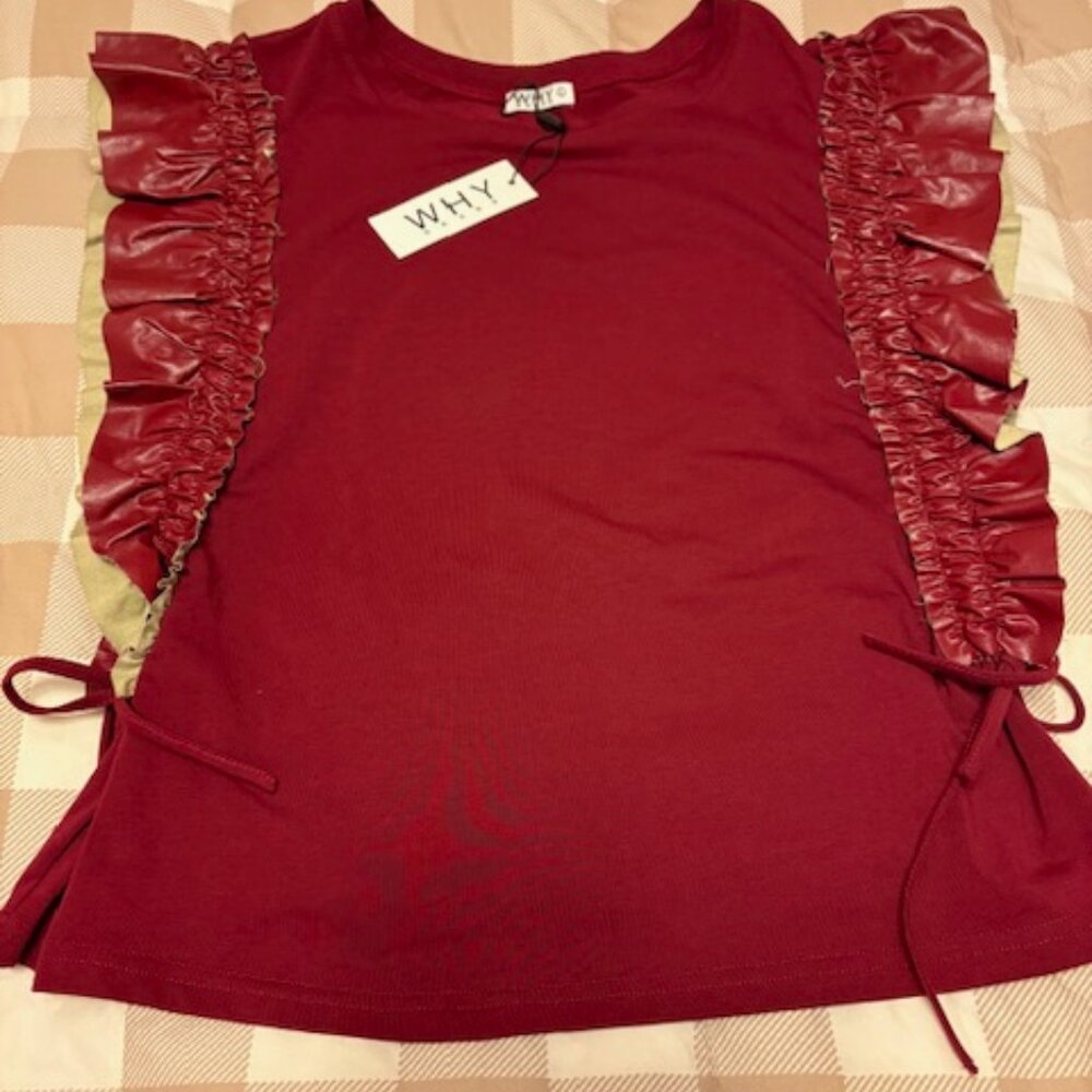 NWT Why Dress Brand Burgundy Ruffle Faux Leather Pleather Tie Top Size Large